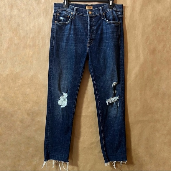 MOTHER High Rise Jeans - Deep Blue with Distressed Details - Picture 1 of 15